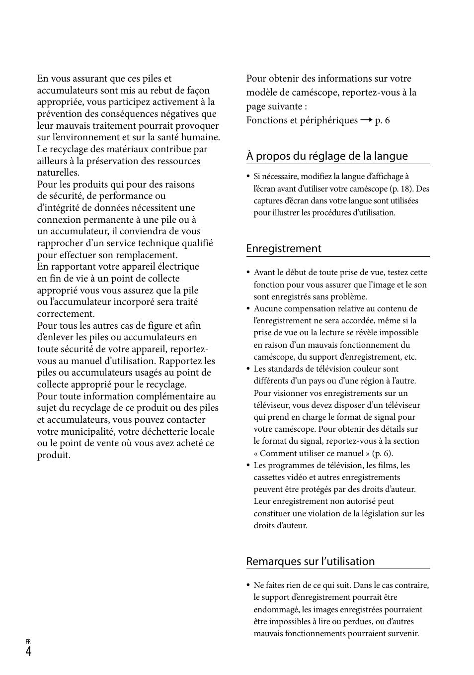 À propos du réglage de la langue, Enregistrement, Remarques sur l’utilisation | Sony HDR-PJ780VE User Manual | Page 4 / 371