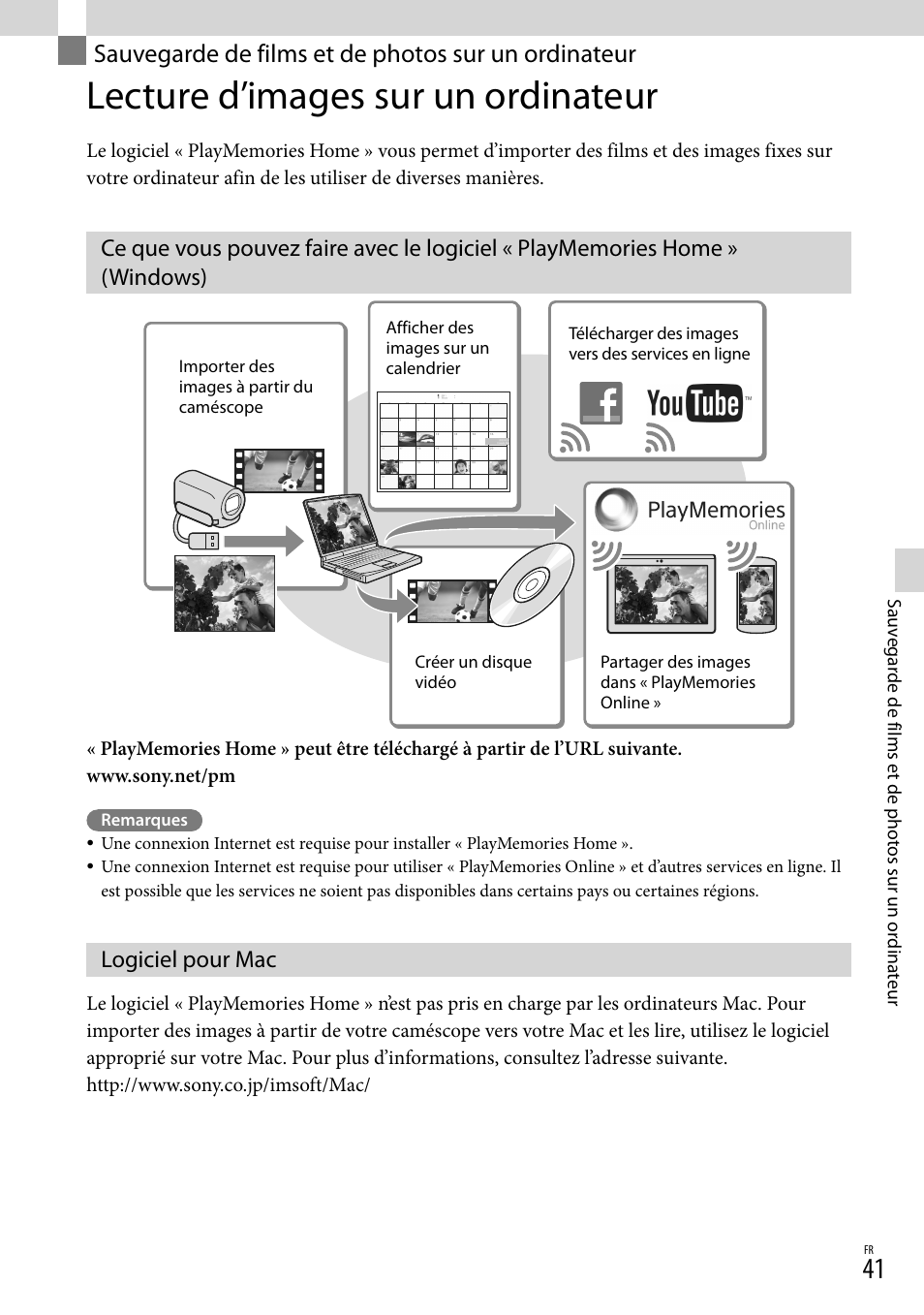 Sauvegarde de films et de photos sur un ordinateur, Lecture d’images sur un ordinateur, Logiciel pour mac | Windows) logiciel pour mac | Sony HDR-PJ780VE User Manual | Page 41 / 371