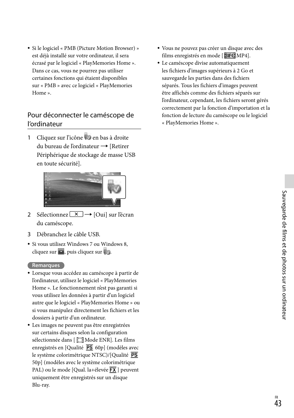 Pour déconnecter le caméscope de l’ordinateur | Sony HDR-PJ780VE User Manual | Page 43 / 371