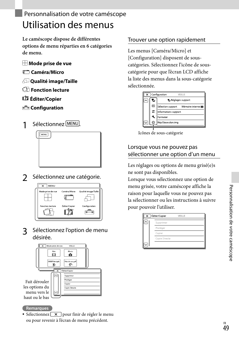 Personnalisation de votre caméscope, Utilisation des menus, E menu (49) | Sony HDR-PJ780VE User Manual | Page 49 / 371