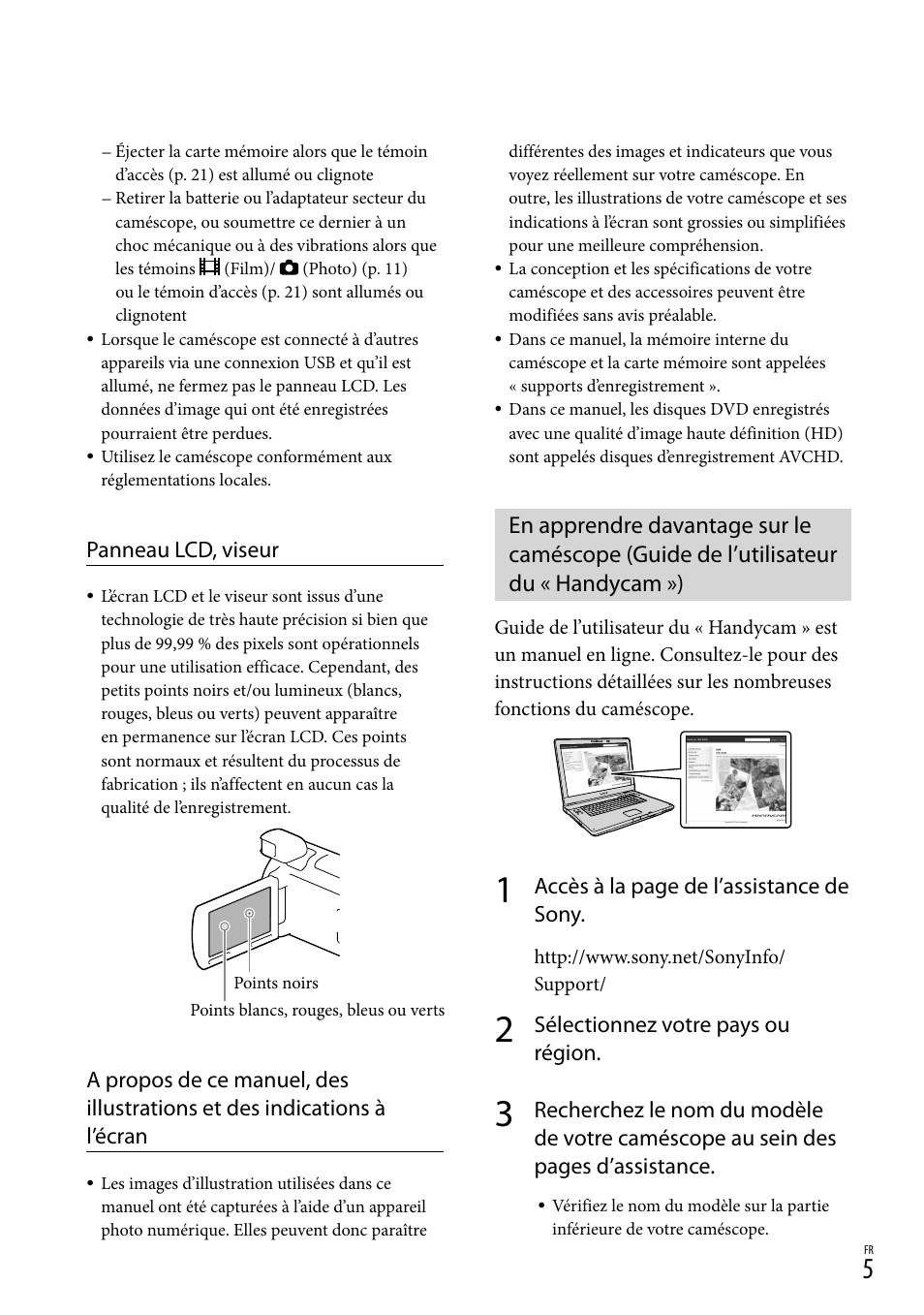 Panneau lcd, viseur, Accès à la page de l’assistance de sony, Sélectionnez votre pays ou région | Sony HDR-PJ780VE User Manual | Page 5 / 371