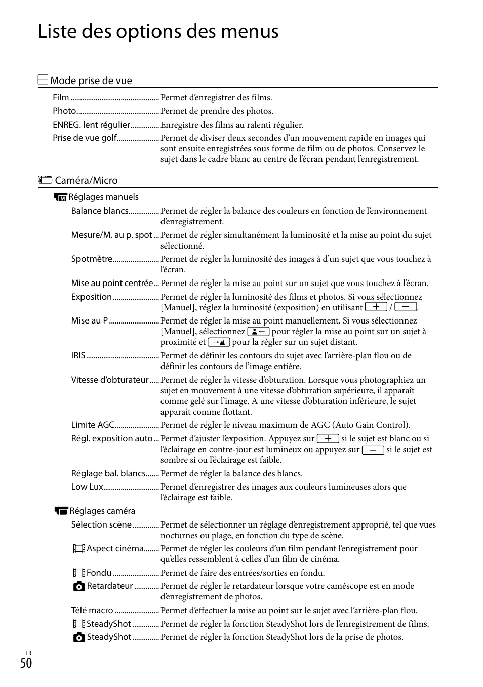 Liste des options des menus | Sony HDR-PJ780VE User Manual | Page 50 / 371