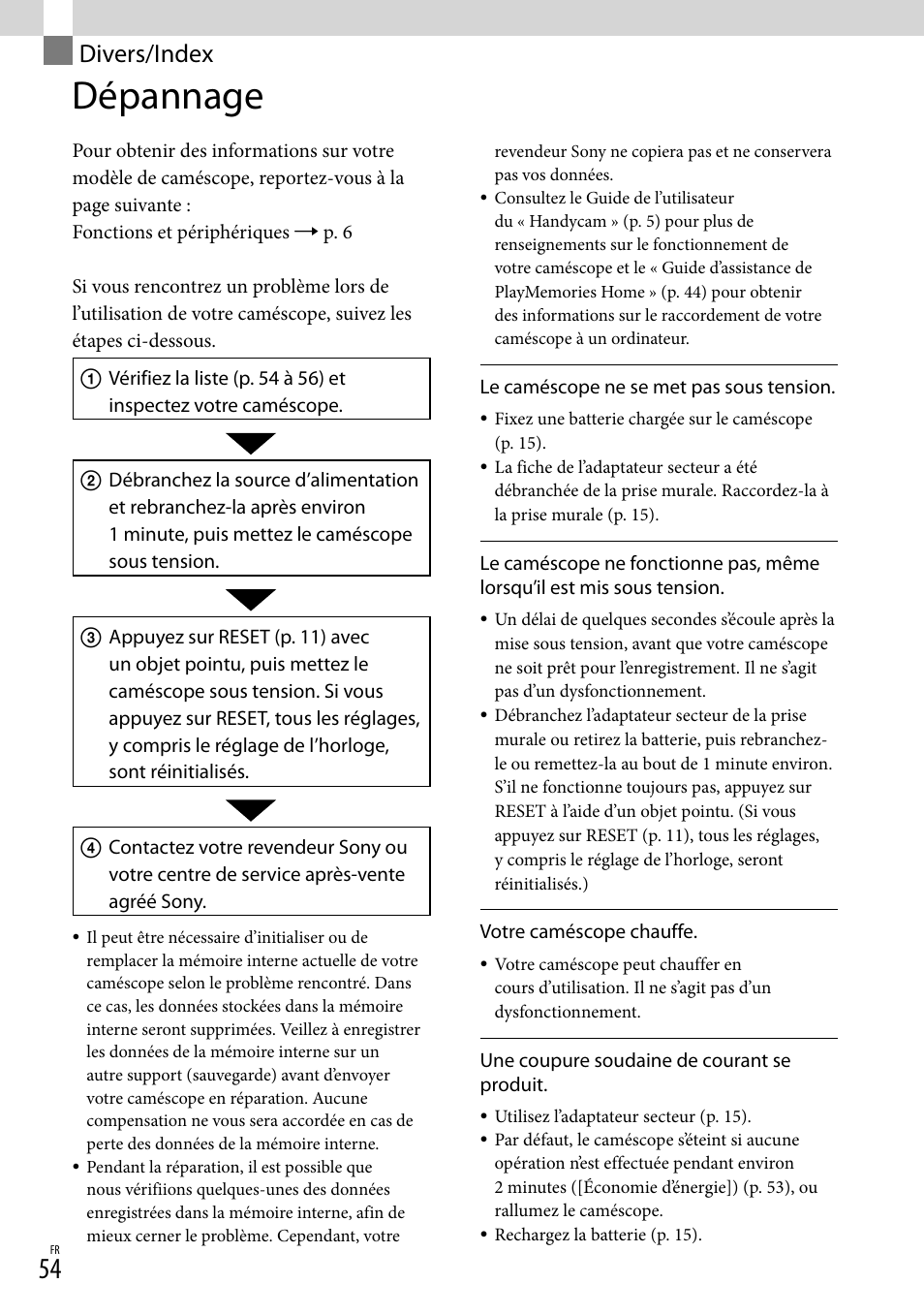 Divers/index, Dépannage | Sony HDR-PJ780VE User Manual | Page 54 / 371