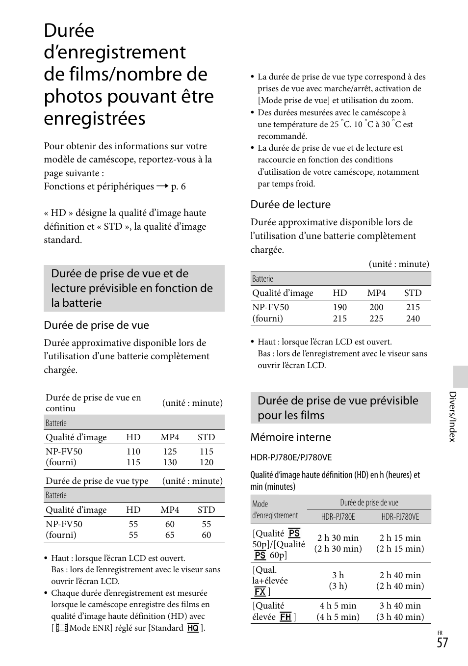 Durée de prise de vue prévisible pour les films, Durée de prise de vue, Durée de lecture | Mémoire interne | Sony HDR-PJ780VE User Manual | Page 57 / 371