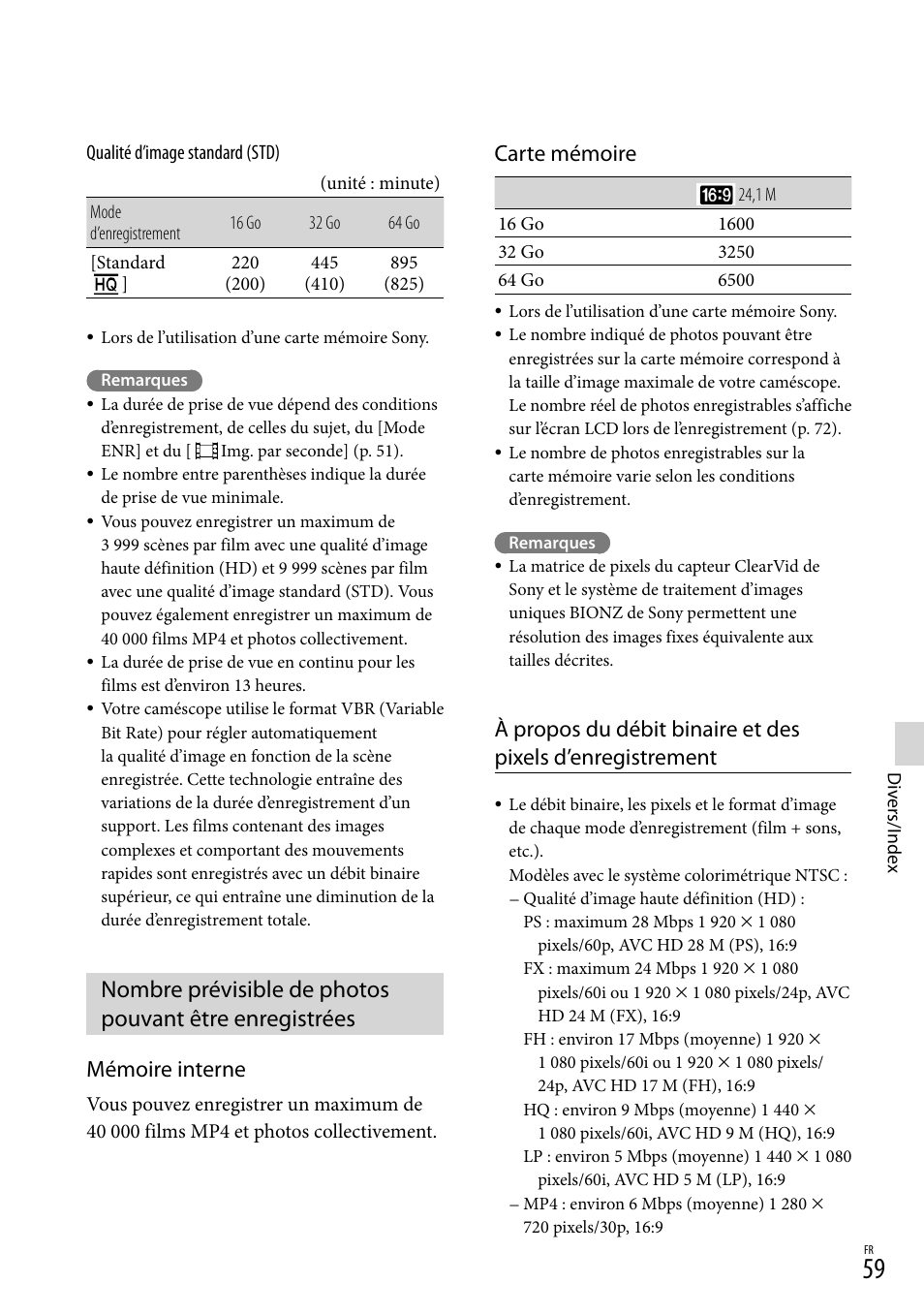 59). s, Mémoire interne, Carte mémoire | Sony HDR-PJ780VE User Manual | Page 59 / 371