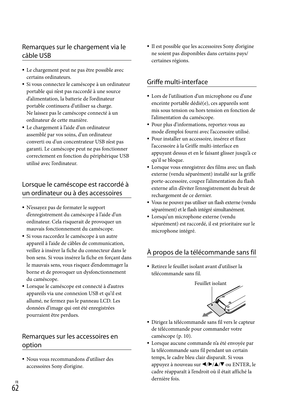 Remarques sur le chargement via le câble usb, Remarques sur les accessoires en option, Griffe multi-interface | À propos de la télécommande sans fil | Sony HDR-PJ780VE User Manual | Page 62 / 371