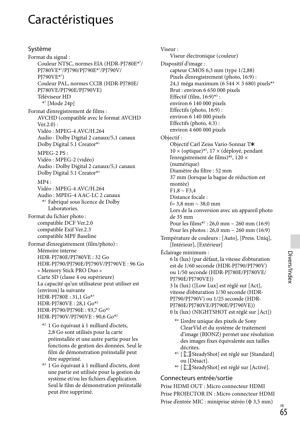 Caractéristiques, Système, Connecteurs entrée/sortie | Sony HDR-PJ780VE User Manual | Page 65 / 371