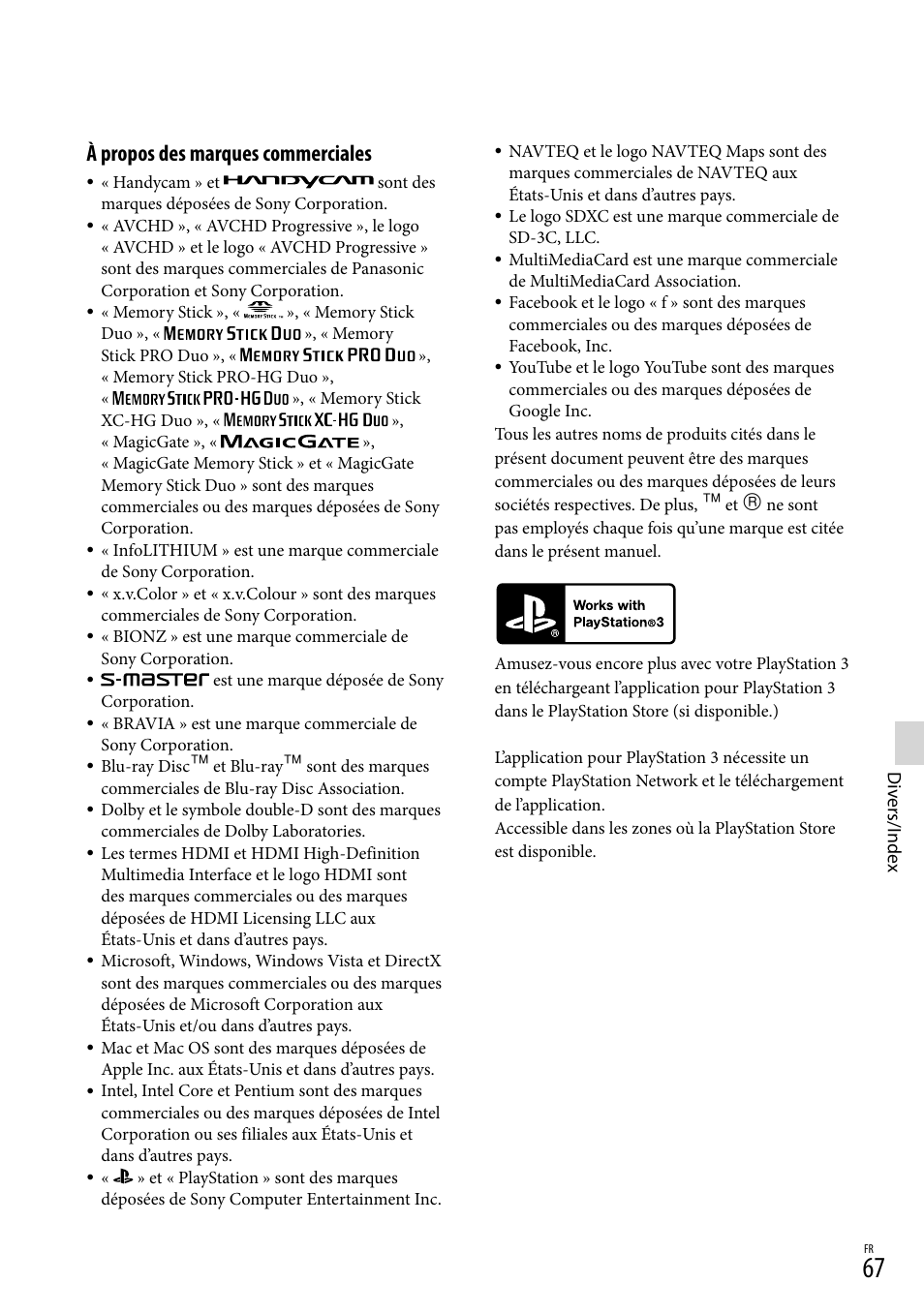 À propos des marques commerciales | Sony HDR-PJ780VE User Manual | Page 67 / 371