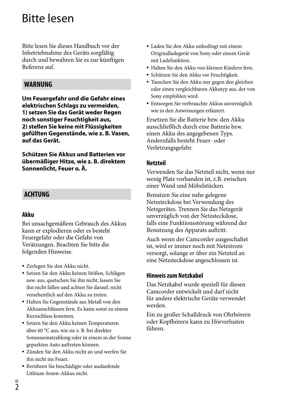 Bitte lesen, Warnung, Achtung | Sony HDR-PJ780VE User Manual | Page 76 / 371