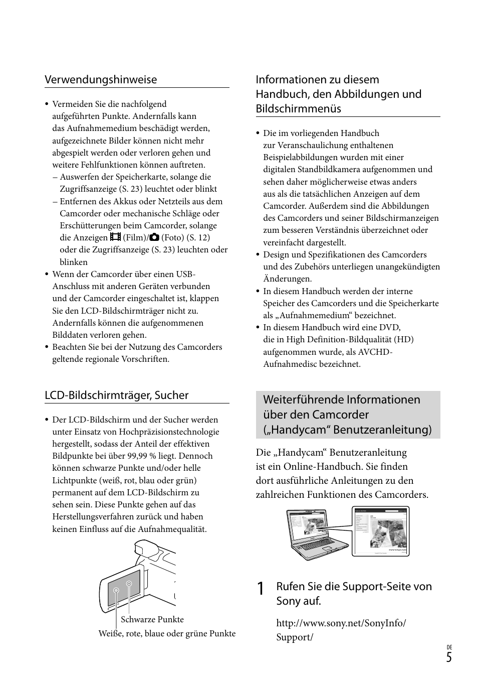 Verwendungshinweise, Lcd-bildschirmträger, sucher, Rufen sie die support-seite von sony auf | Sony HDR-PJ780VE User Manual | Page 79 / 371