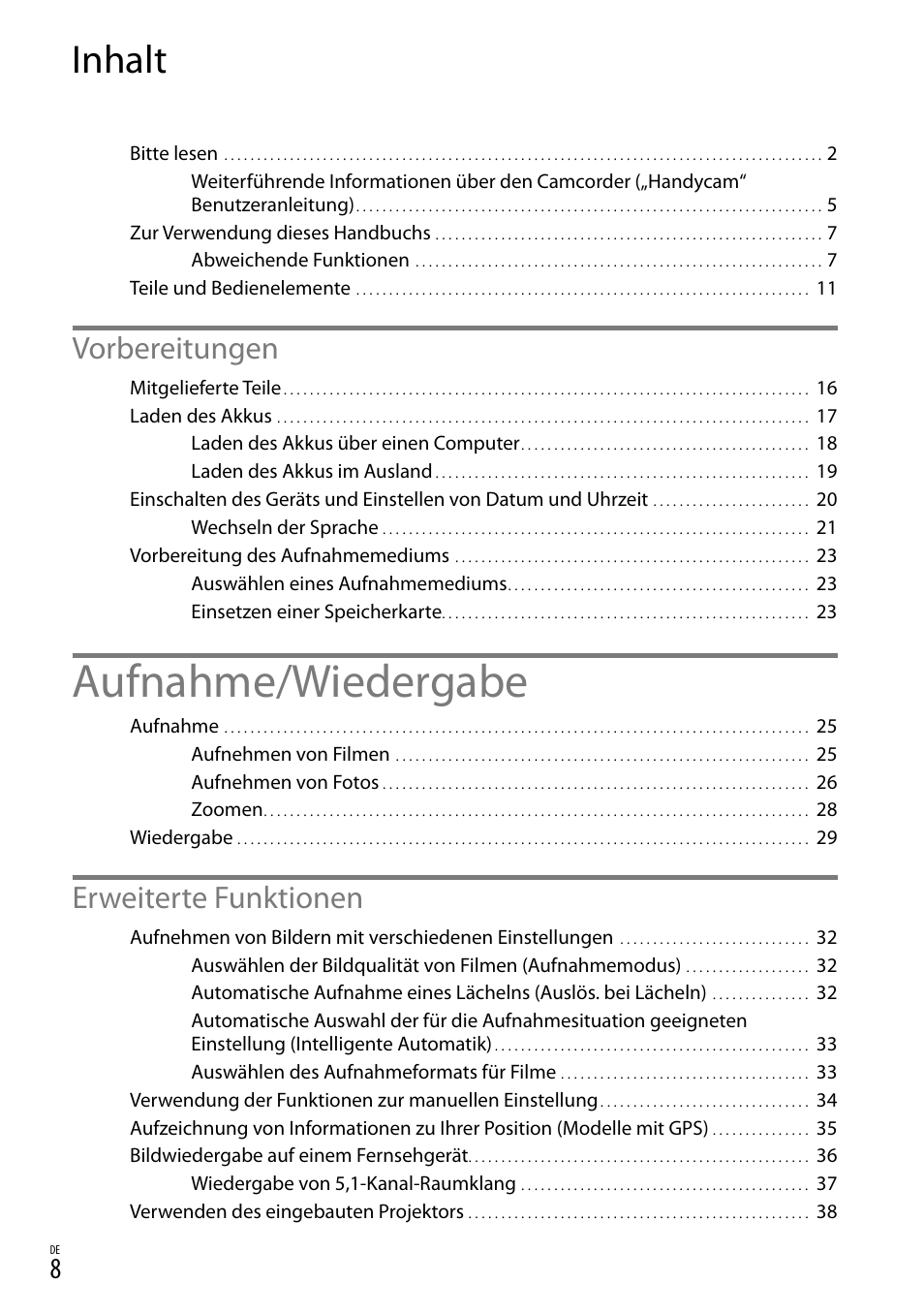 Inhalt, Aufnahme/wiedergabe, Vorbereitungen | Erweiterte funktionen | Sony HDR-PJ780VE User Manual | Page 82 / 371