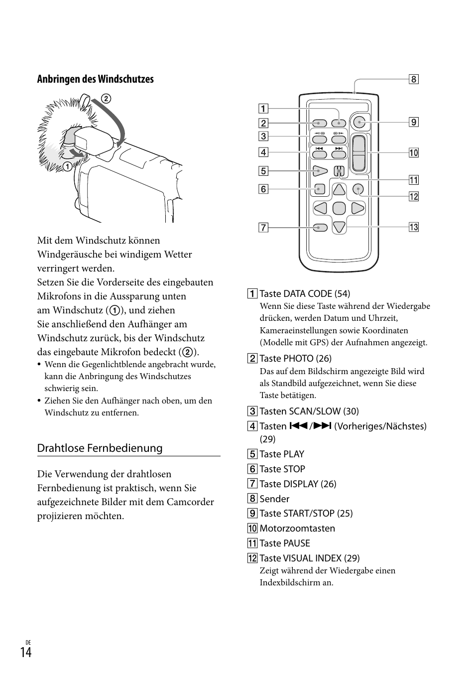 Anbringen des windschutzes, Drahtlose fernbedienung | Sony HDR-PJ780VE User Manual | Page 88 / 371