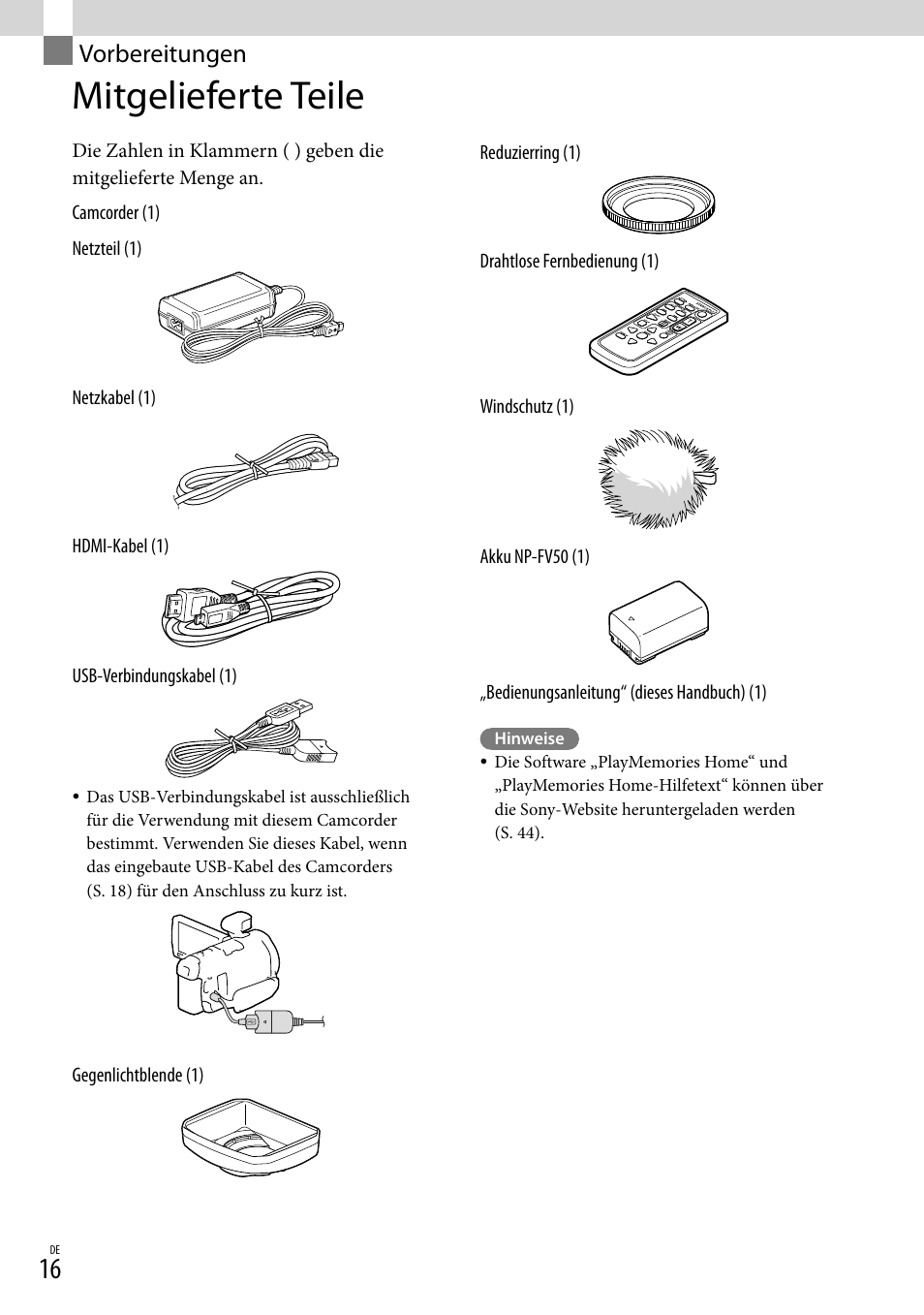 Vorbereitungen, Mitgelieferte teile | Sony HDR-PJ780VE User Manual | Page 90 / 371