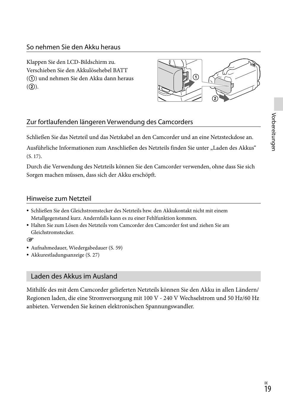 Laden des akkus im ausland, So nehmen sie den akku heraus, Hinweise zum netzteil | Sony HDR-PJ780VE User Manual | Page 93 / 371