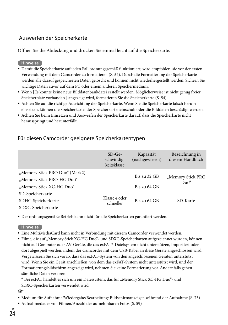 Auswerfen der speicherkarte, Für diesen camcorder geeignete speicherkartentypen | Sony HDR-PJ780VE User Manual | Page 98 / 371