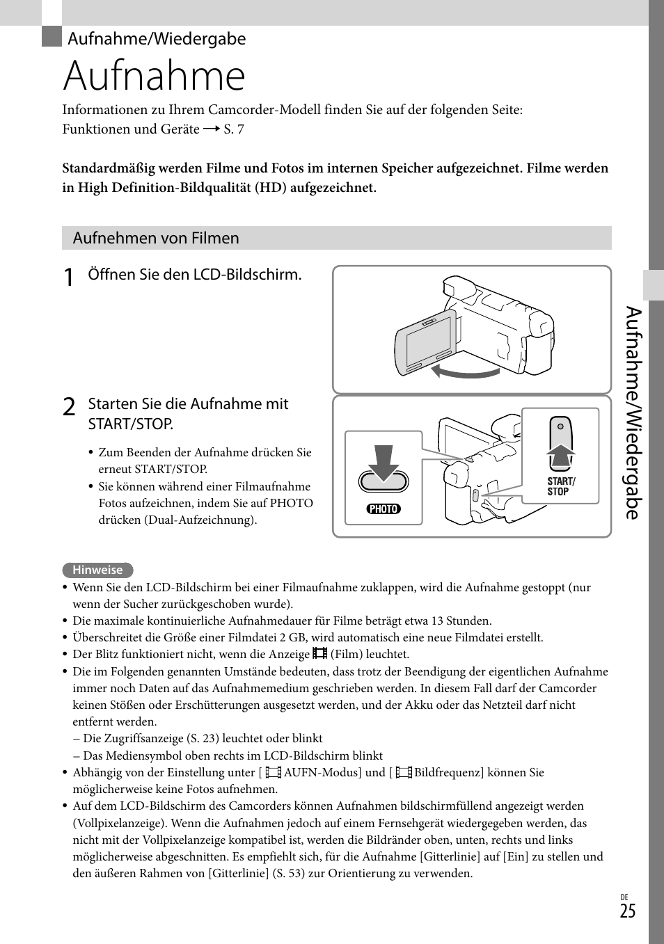 Aufnahme/wiedergabe, Aufnahme, Aufnehmen von filmen | Op (25), Aufnahme/w ieder gabe | Sony HDR-PJ780VE User Manual | Page 99 / 371