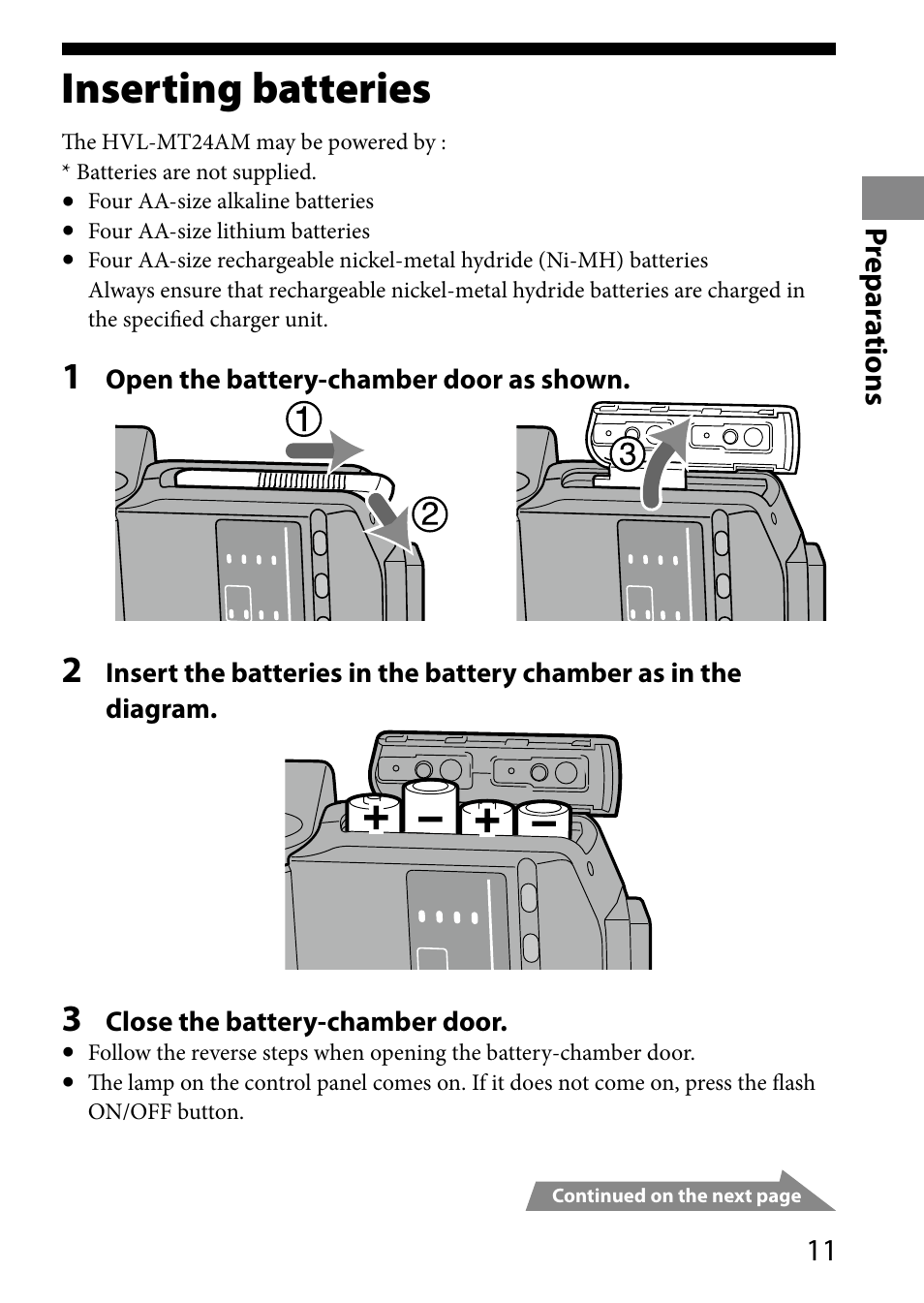 Preparations, Inserting batteries | Sony HVL-MT24AM User Manual | Page 11 / 293