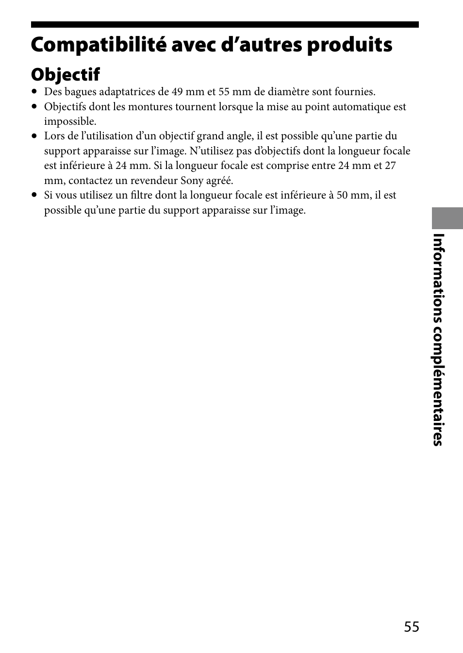 Compatibilité avec d’autres produits, Compatibilité avec d’autres, Produits | Objectif | Sony HVL-MT24AM User Manual | Page 115 / 293