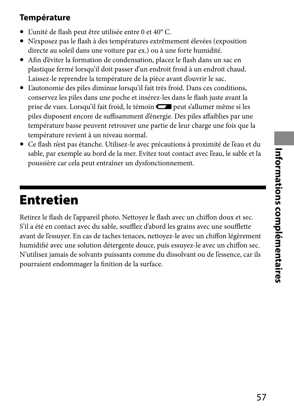 Entretien, Inf orma tions c omplémen tair es | Sony HVL-MT24AM User Manual | Page 117 / 293