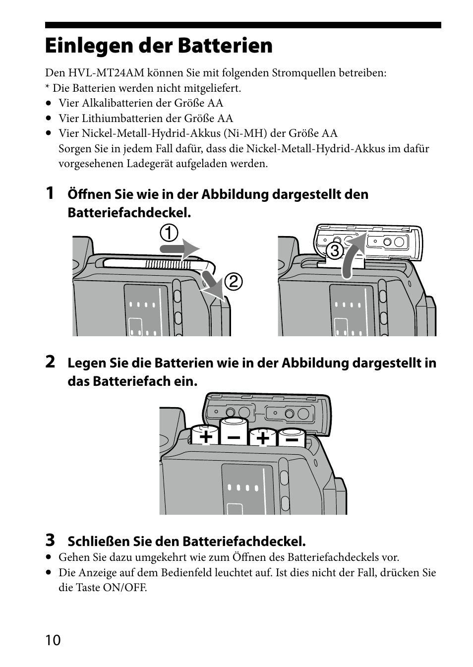 Vorbereitungen, Einlegen der batterien | Sony HVL-MT24AM User Manual | Page 128 / 293