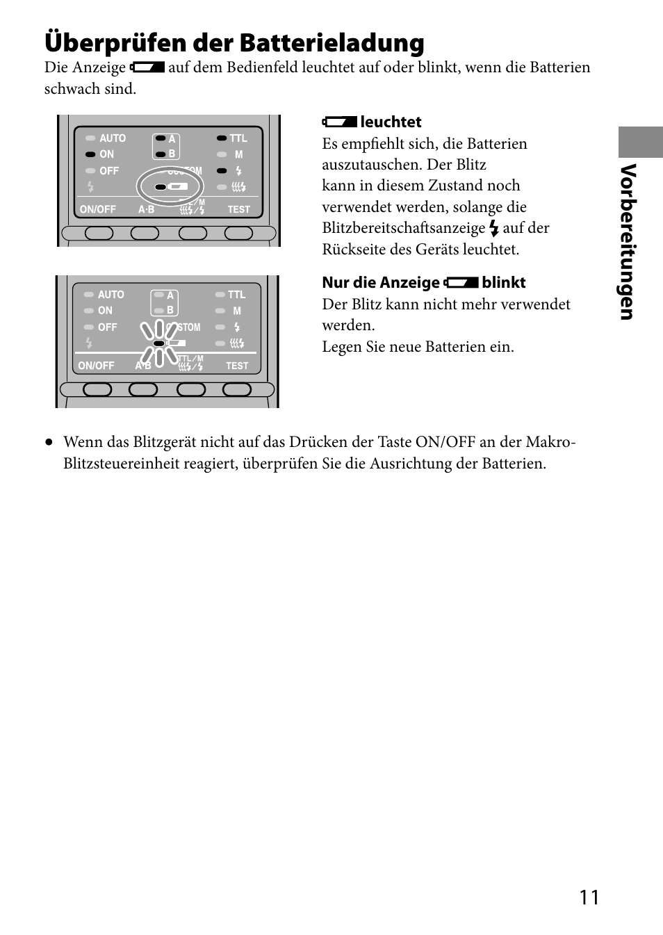 Überprüfen der batterieladung, 11 vor ber eitungen | Sony HVL-MT24AM User Manual | Page 129 / 293