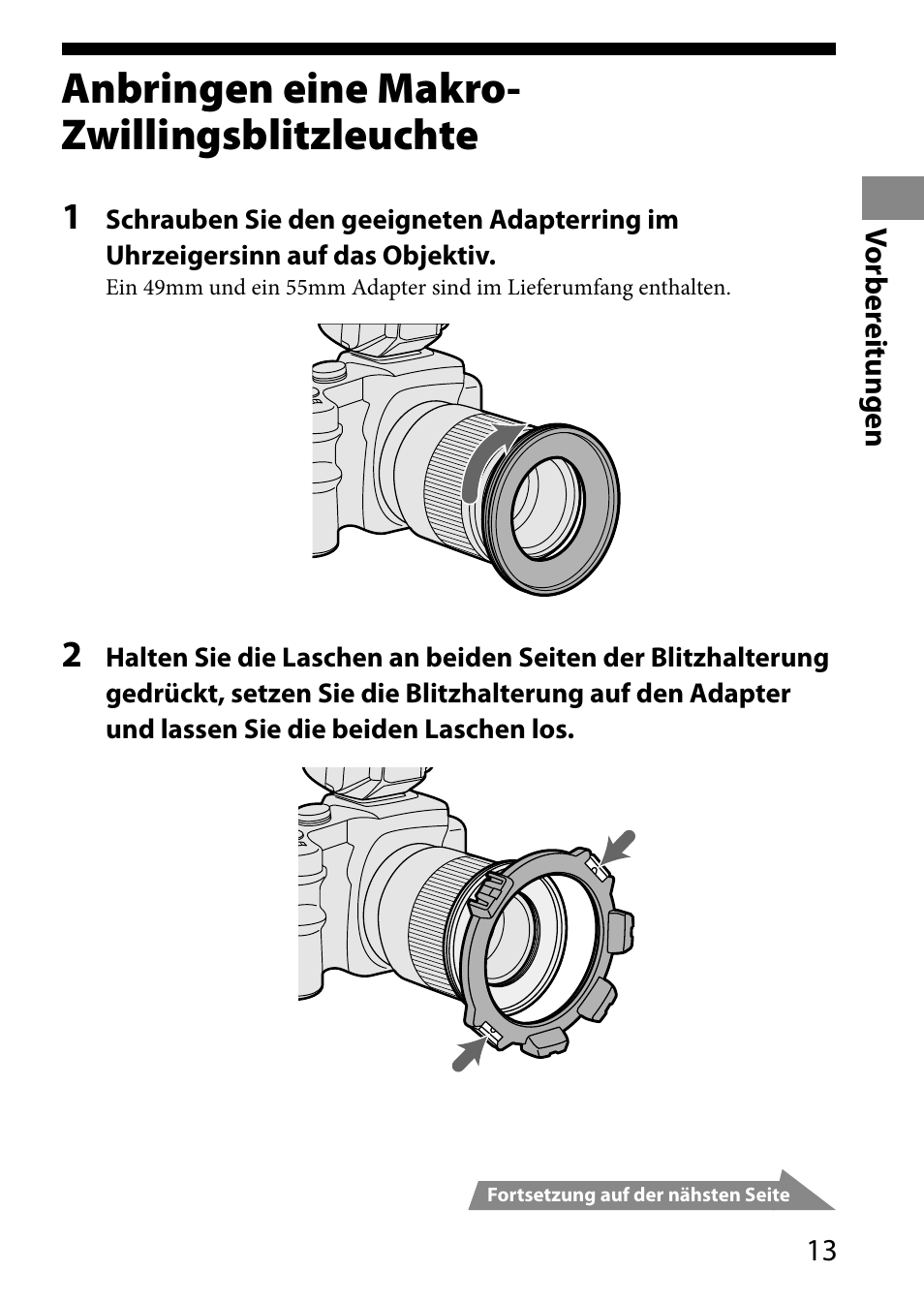 Anbringen eine makro-zwillingsblitzleuchte, Anbringen eine makro, Zwillingsblitzleuchte | Anbringen eine makro- zwillingsblitzleuchte | Sony HVL-MT24AM User Manual | Page 131 / 293