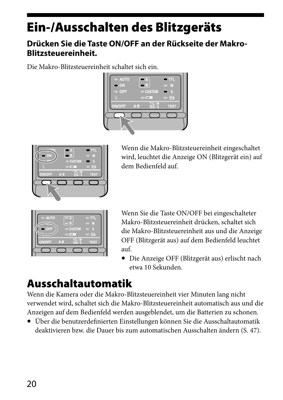 Ein-/ausschalten des blitzgeräts, Ausschaltautomatik | Sony HVL-MT24AM User Manual | Page 138 / 293