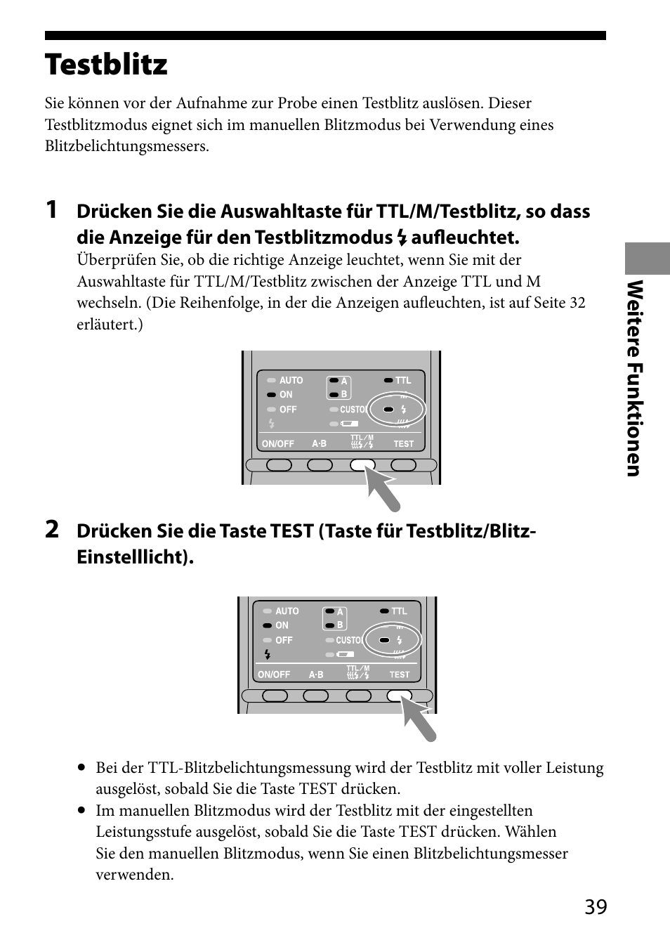 Testblitz, W eit er e f unktionen | Sony HVL-MT24AM User Manual | Page 157 / 293