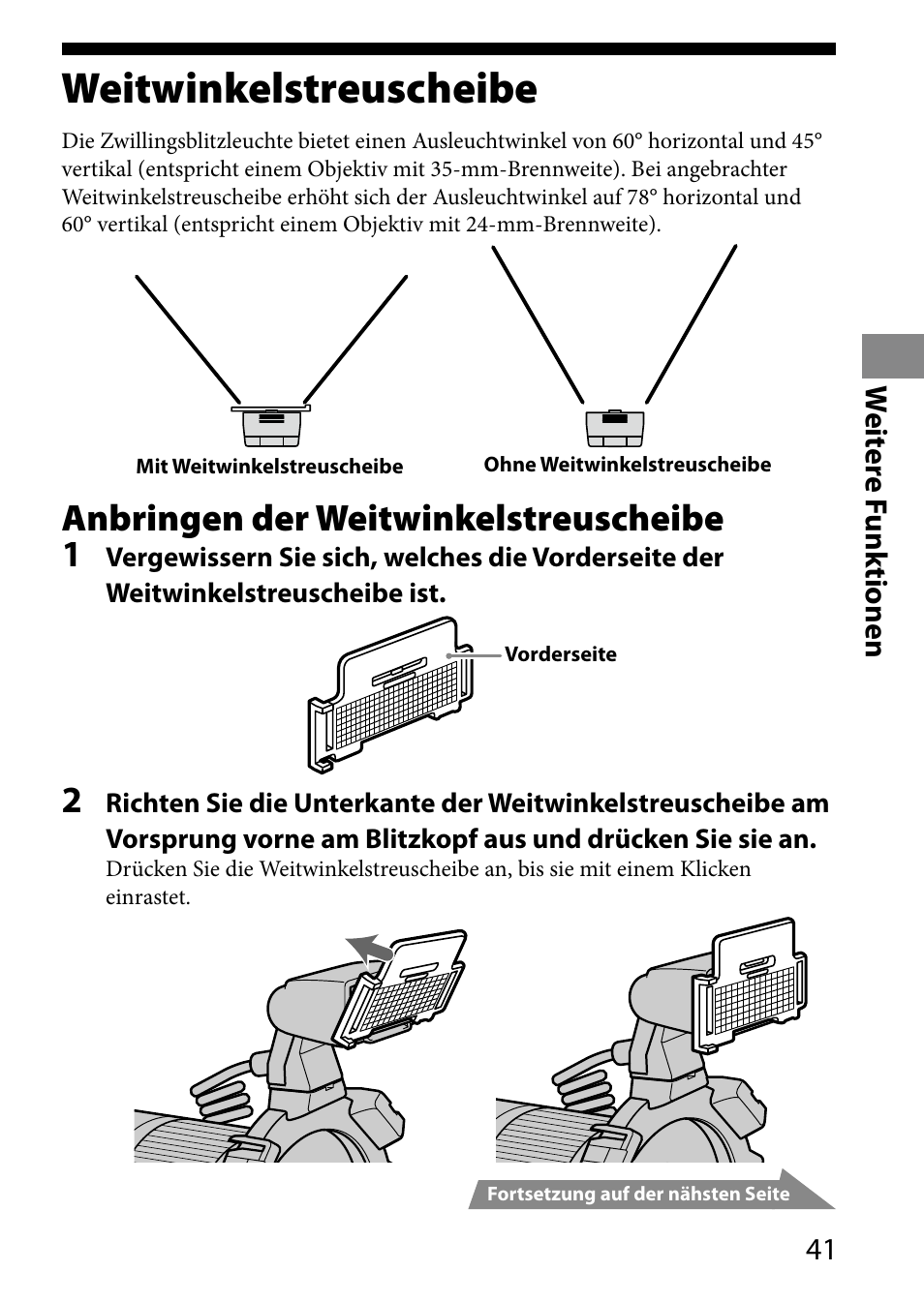 Weitwinkelstreuscheibe, Anbringen der weitwinkelstreuscheibe 1 | Sony HVL-MT24AM User Manual | Page 159 / 293