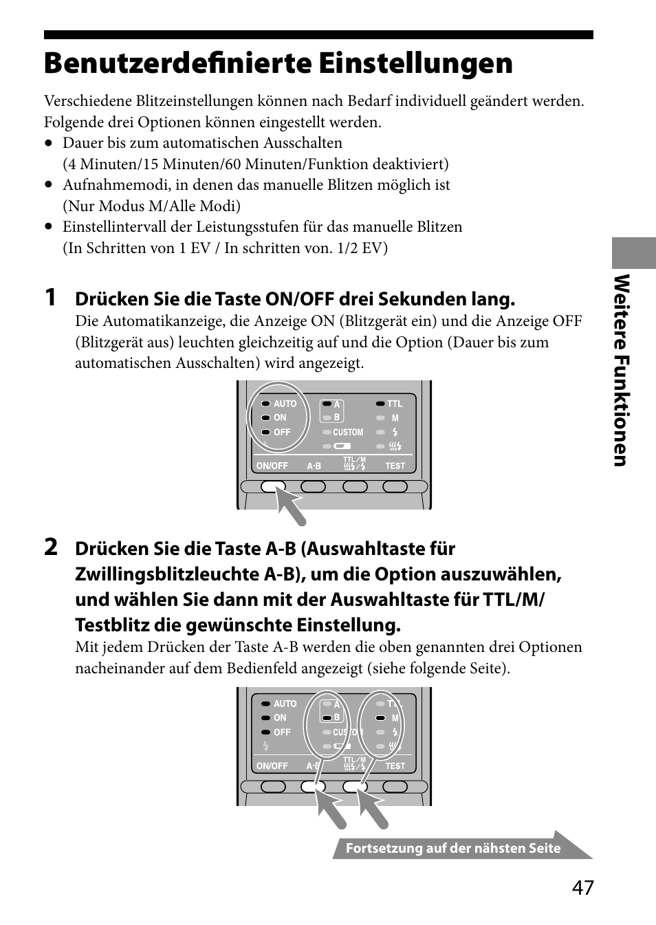 Benutzerdefinierte einstellungen, W eit er e f unktionen | Sony HVL-MT24AM User Manual | Page 165 / 293