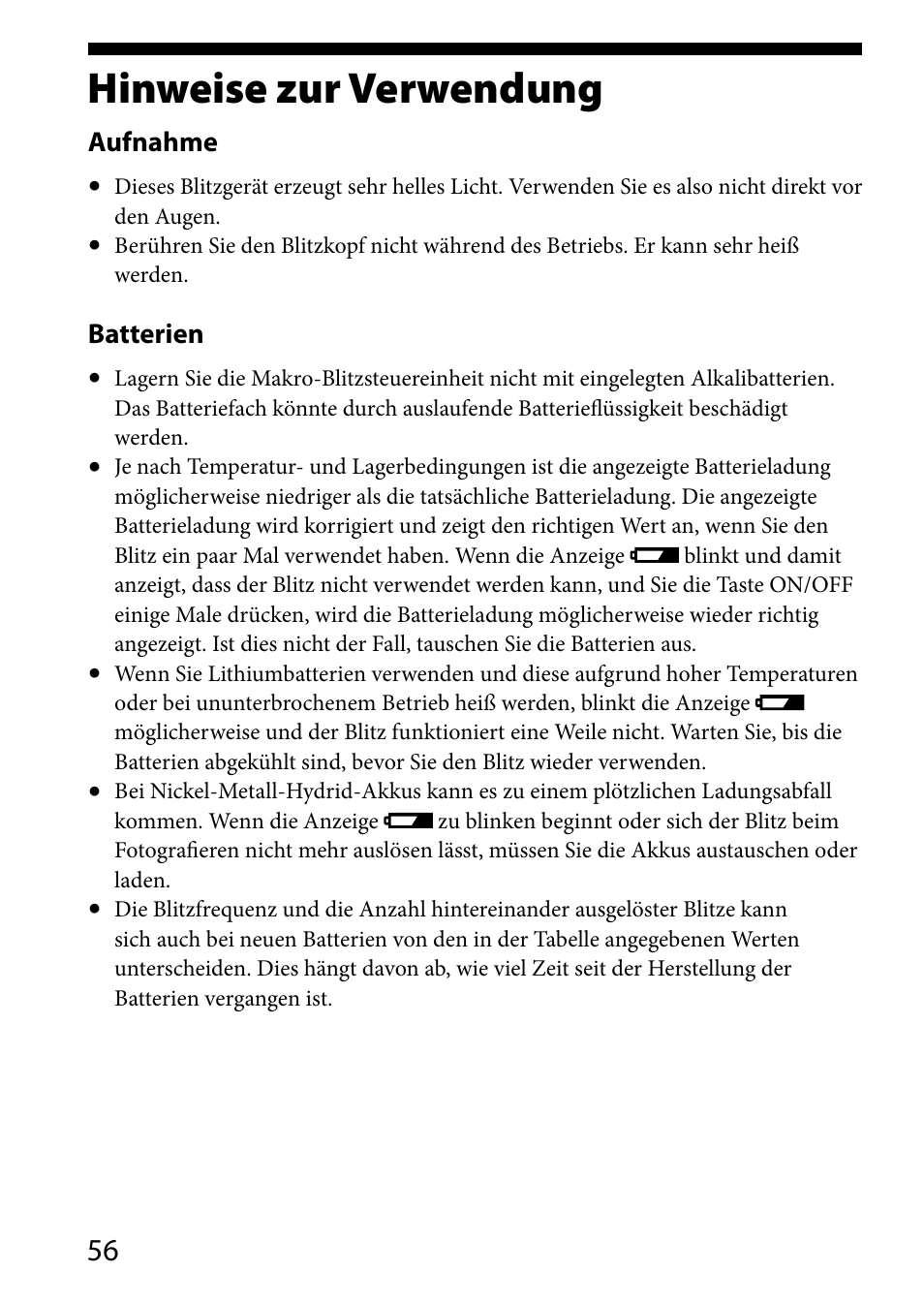 Hinweise zur verwendung, Aufnahme, Batterien | Sony HVL-MT24AM User Manual | Page 174 / 293