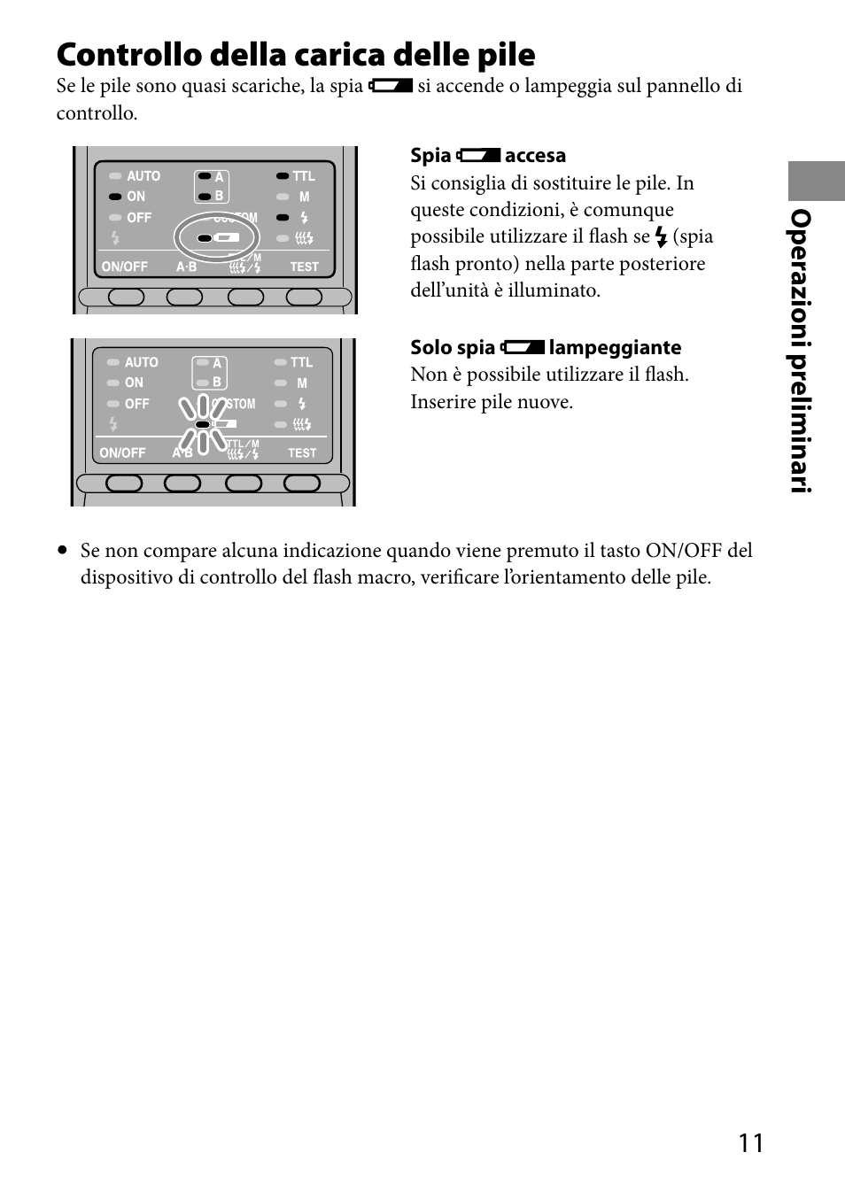 Controllo della carica delle pile, 11 o per azioni pr eliminari | Sony HVL-MT24AM User Manual | Page 187 / 293