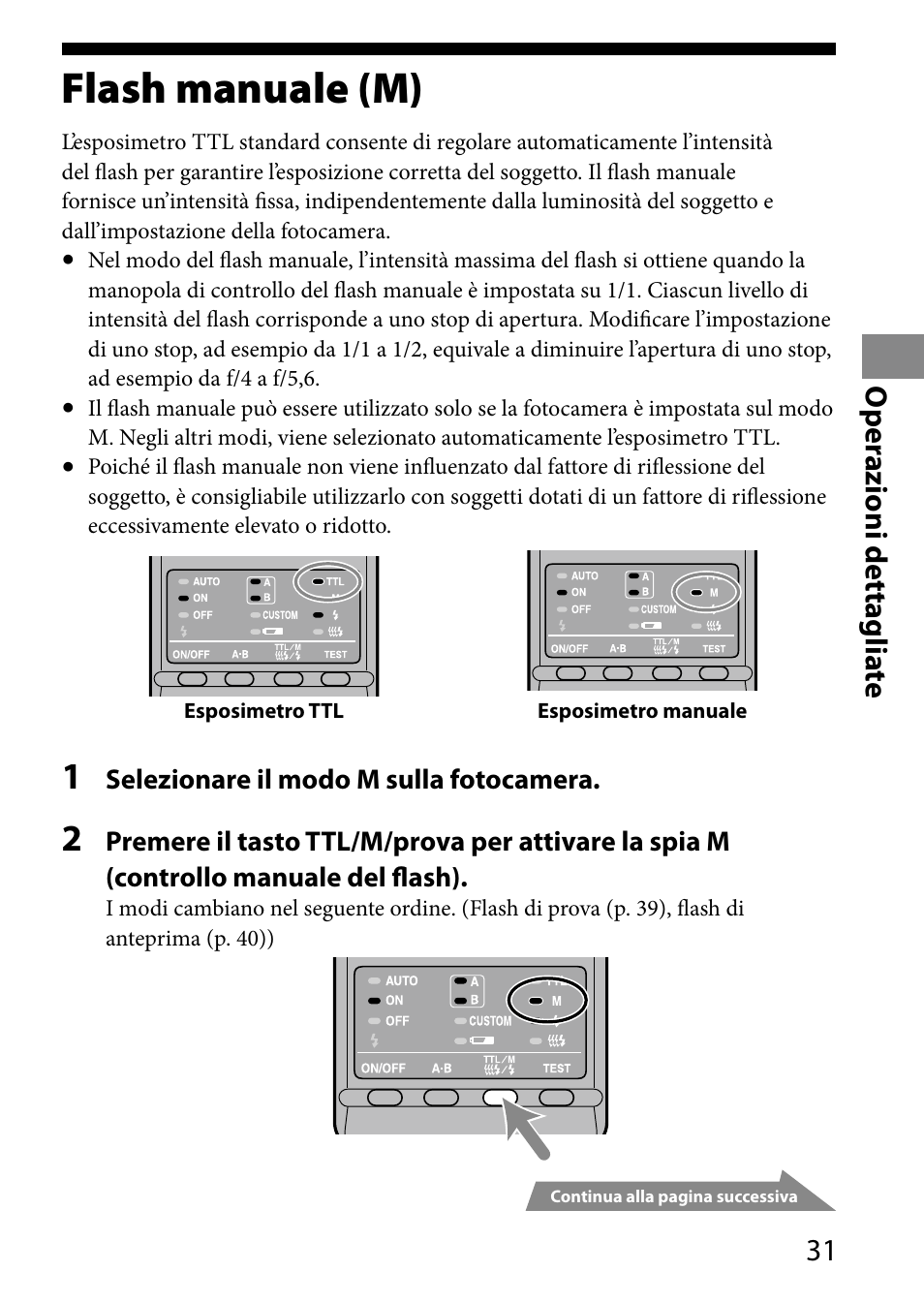 Operazioni dettagliate, Flash manuale (m), 1 o per azioni dettaglia te | Sony HVL-MT24AM User Manual | Page 207 / 293