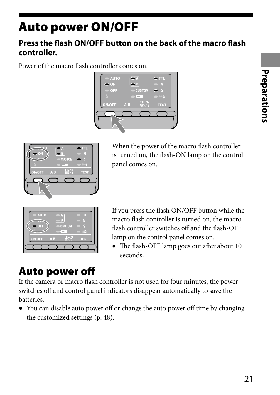 Auto power on/off, Auto power off, 1 pr epar ations | Sony HVL-MT24AM User Manual | Page 21 / 293