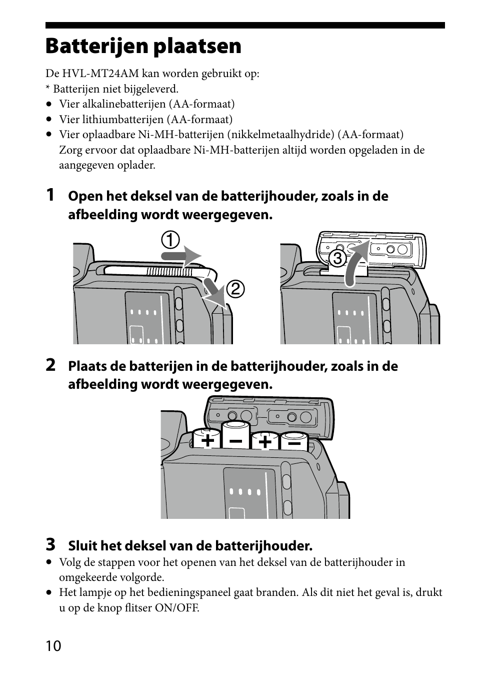 Voorbereidingen, Batterijen plaatsen | Sony HVL-MT24AM User Manual | Page 244 / 293