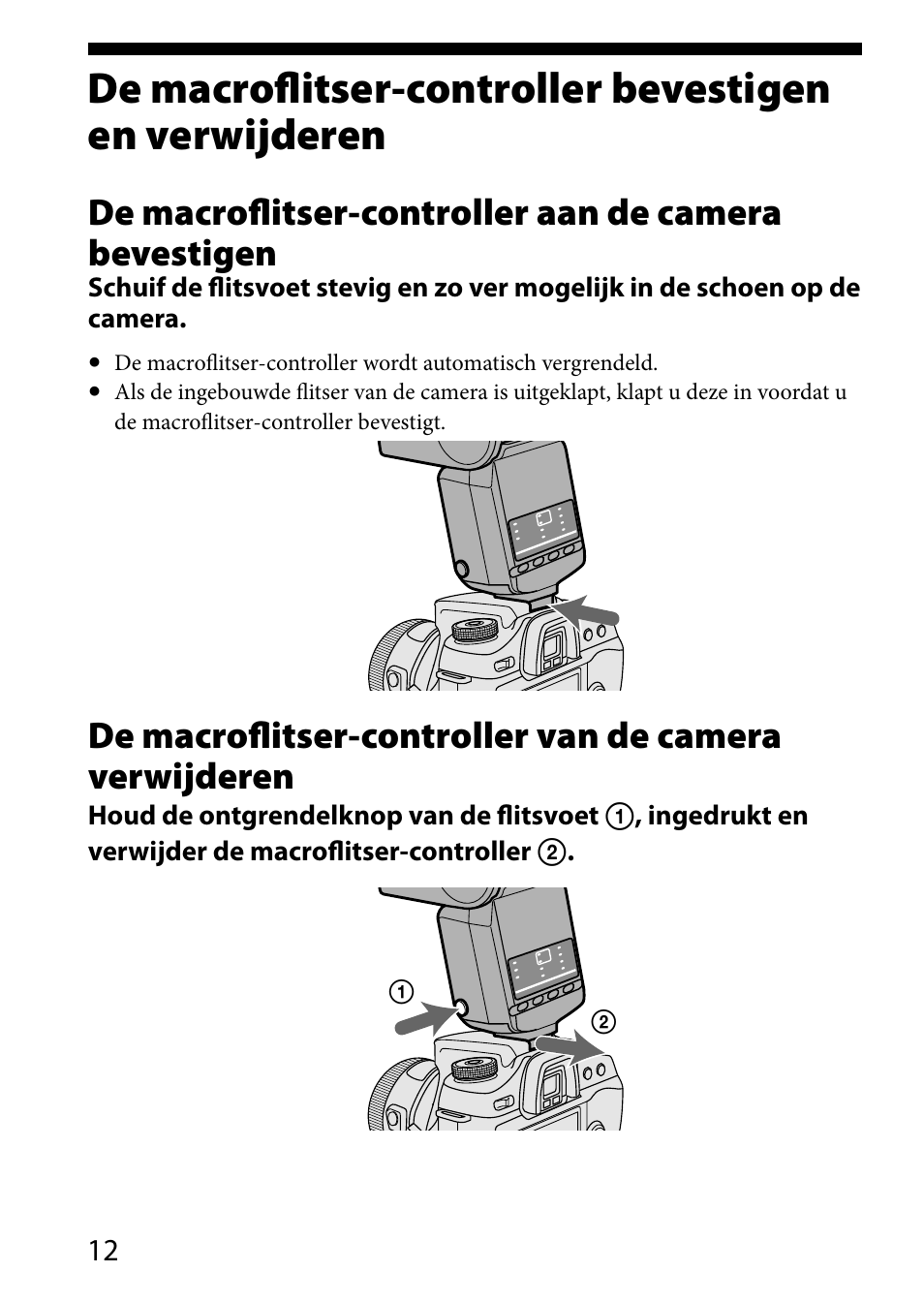 De macroflitser-controller, Bevestigen en verwijderen | Sony HVL-MT24AM User Manual | Page 246 / 293