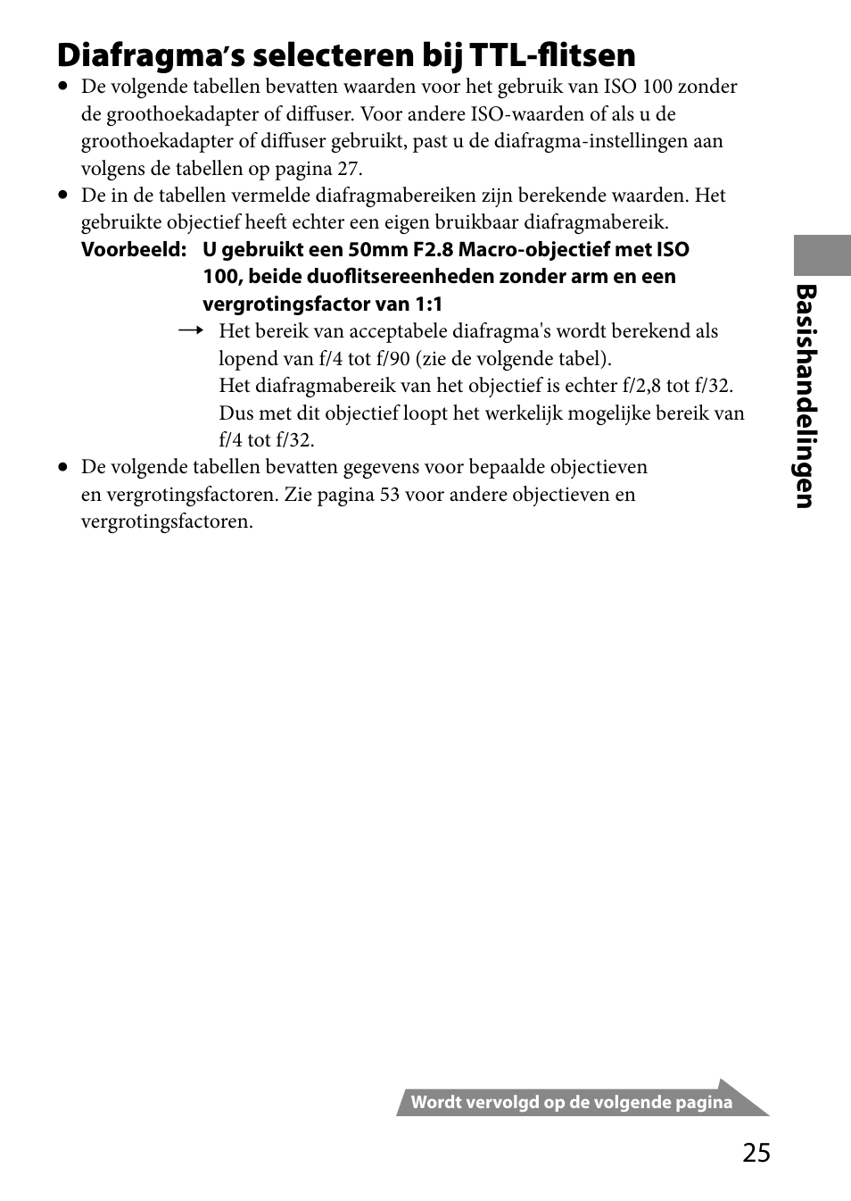 Diafragma,s selecteren bij ttl-flitsen, Basishandelingen | Sony HVL-MT24AM User Manual | Page 259 / 293