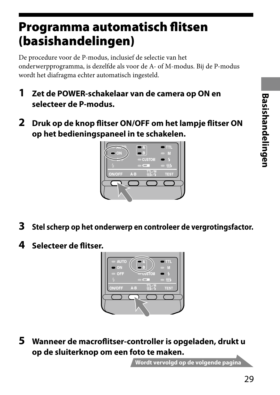 Programma automatisch flitsen(basishandelingen), Programma automatisch flitsen, Basishandelingen) | Programma automatisch flitsen (basishandelingen) | Sony HVL-MT24AM User Manual | Page 263 / 293