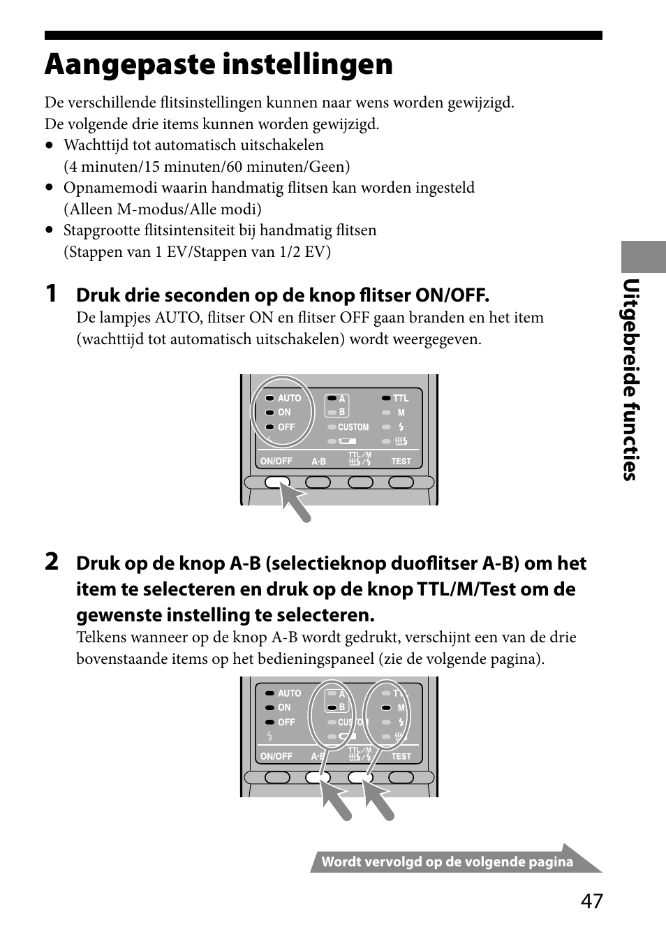 Aangepaste instellingen, Uit gebr eide func ties | Sony HVL-MT24AM User Manual | Page 281 / 293