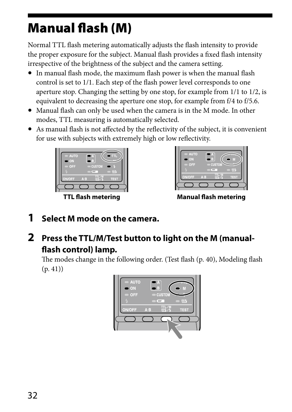 Detailed operations, Manual flash (m) | Sony HVL-MT24AM User Manual | Page 32 / 293