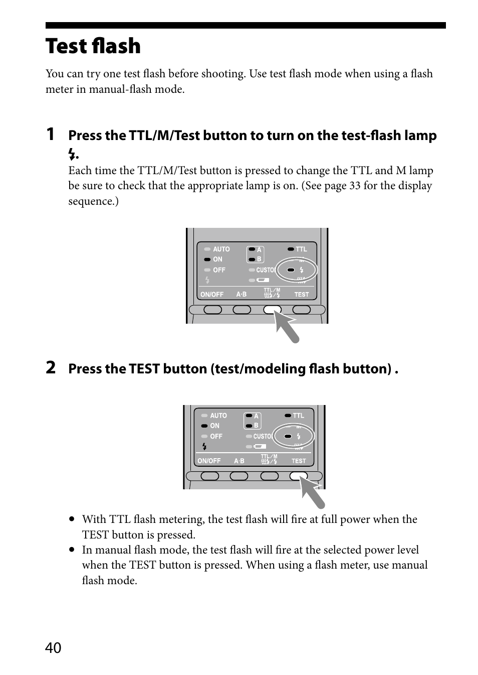 Test flash | Sony HVL-MT24AM User Manual | Page 40 / 293