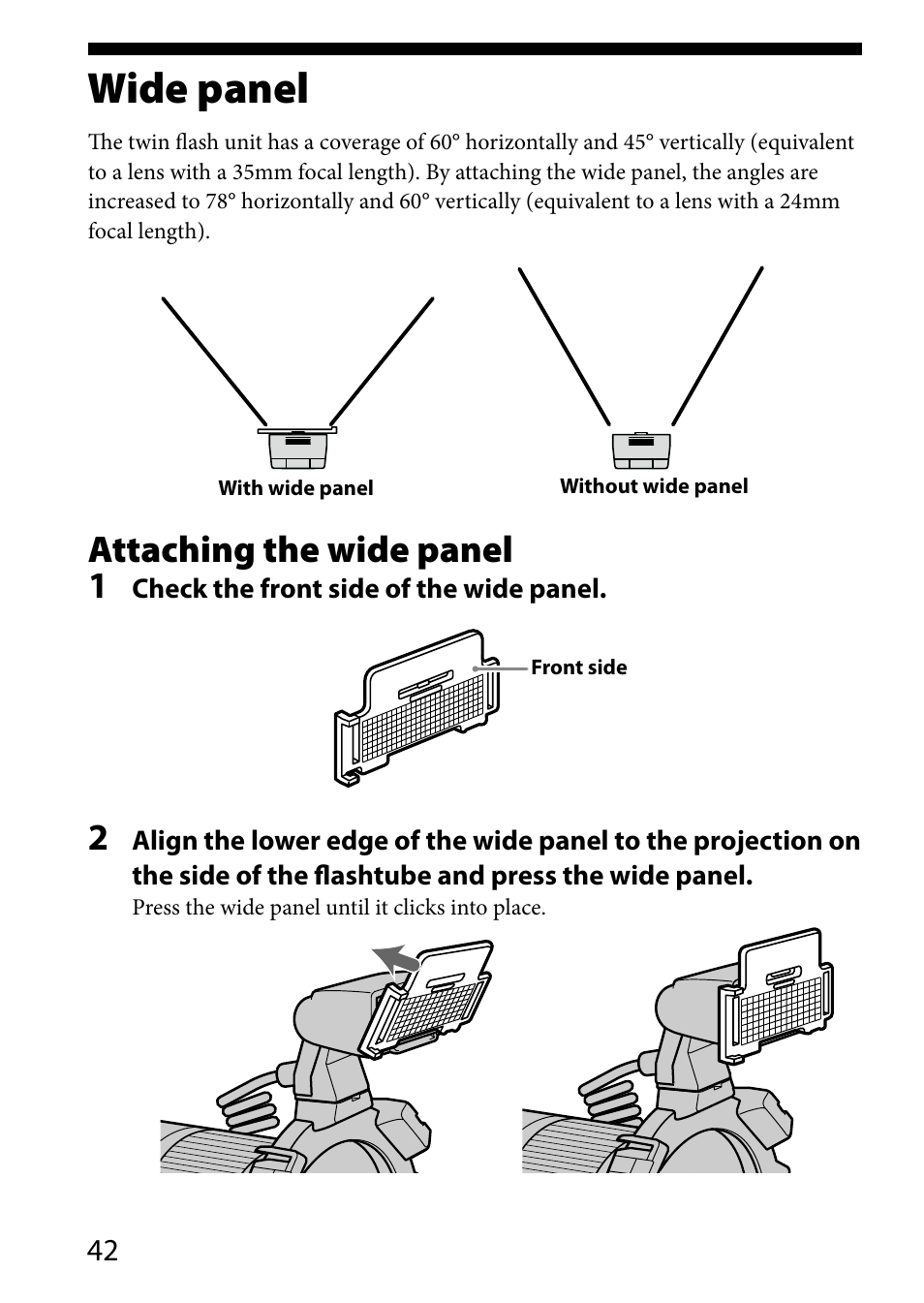 Wide panel, Attaching the wide panel 1 | Sony HVL-MT24AM User Manual | Page 42 / 293