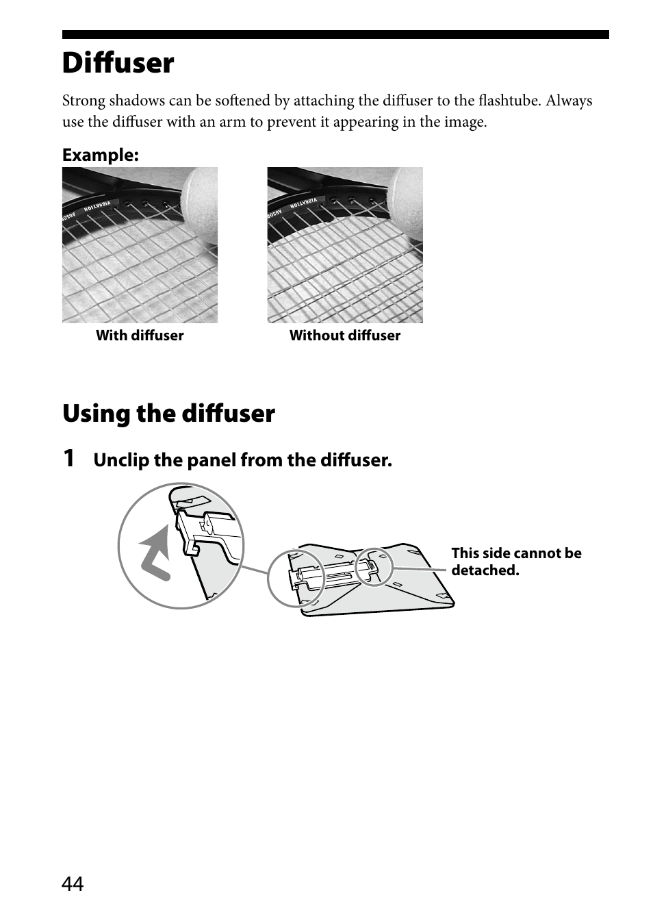 Diffuser, Using the diffuser 1 | Sony HVL-MT24AM User Manual | Page 44 / 293