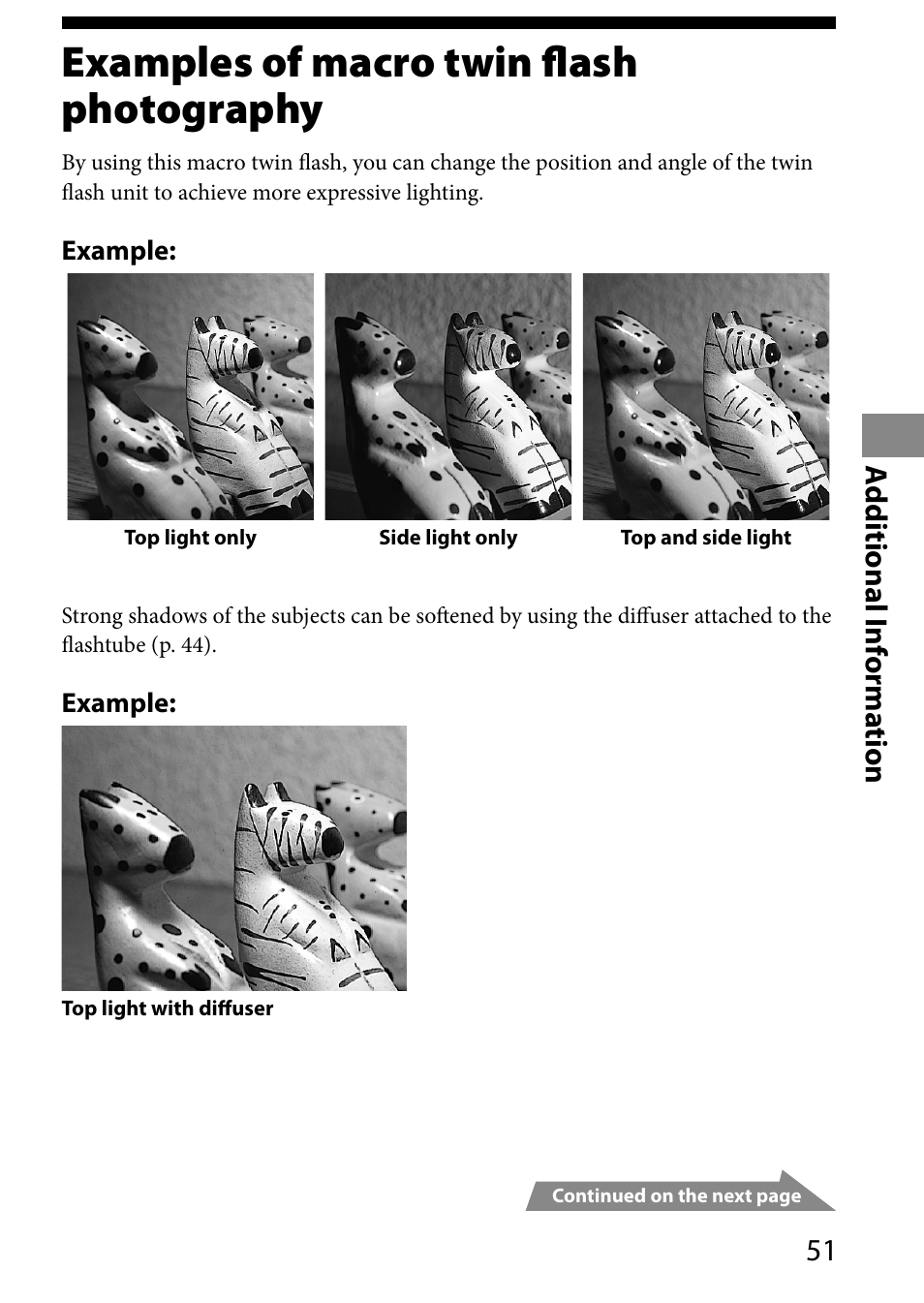 Additionalinformation, Examples of macro twin flashphotography, Additional | Information, Examples of macro twin flash, Photography, Examples of macro twin flash photography | Sony HVL-MT24AM User Manual | Page 51 / 293