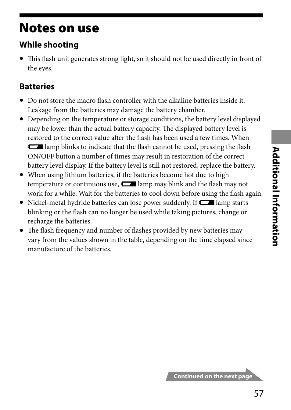 Notes on use, A dditional i nf orma tion | Sony HVL-MT24AM User Manual | Page 57 / 293