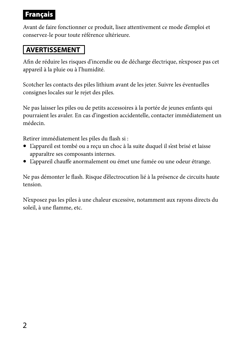 Français, Avertissement | Sony HVL-MT24AM User Manual | Page 62 / 293