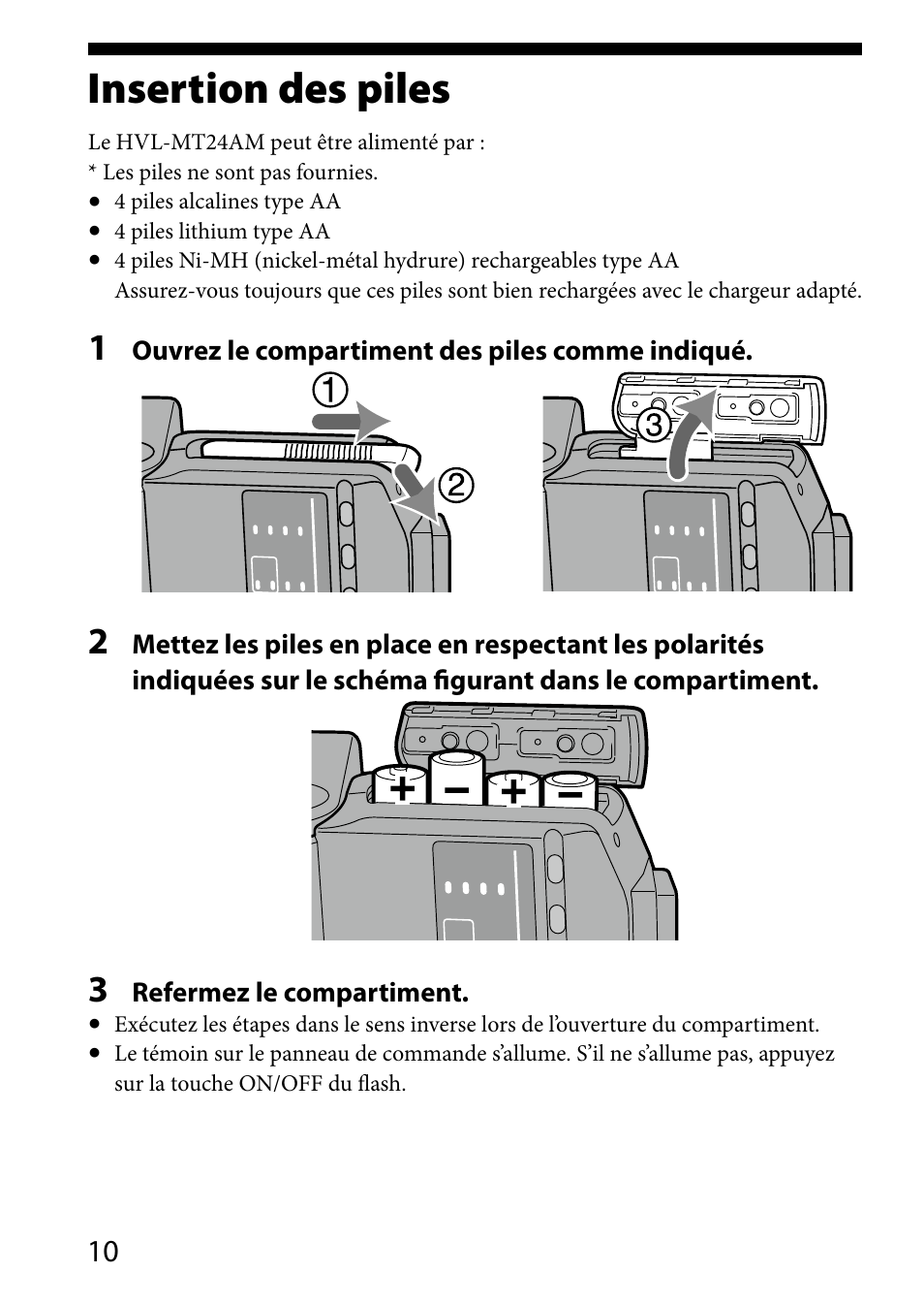 Préparations, Insertion des piles | Sony HVL-MT24AM User Manual | Page 70 / 293