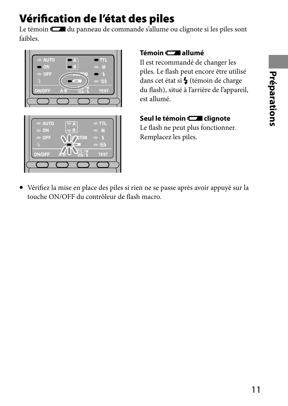 Vérification de l’état des piles, 11 pr épar ations | Sony HVL-MT24AM User Manual | Page 71 / 293