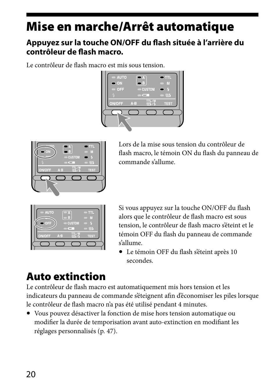 Mise en marche/arrêt automatique, Mise en marche/arrêt, Automatique | Auto extinction | Sony HVL-MT24AM User Manual | Page 80 / 293