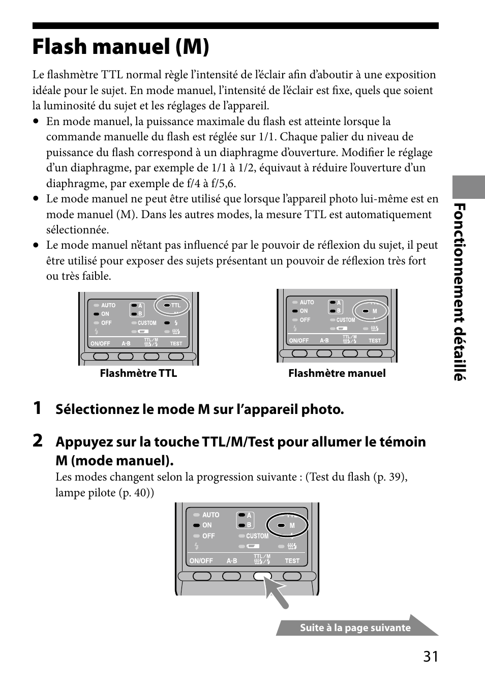 Fonctionnement détaillé, Flash manuel (m), Fonctionnement | Détaillé, 1 fonc tionnemen t détaillé | Sony HVL-MT24AM User Manual | Page 91 / 293